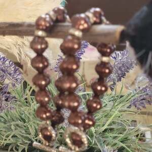 Brown Faux Pearl Stretch Bracelets Set of 2 Rhinestone Spacers Nugget Beads